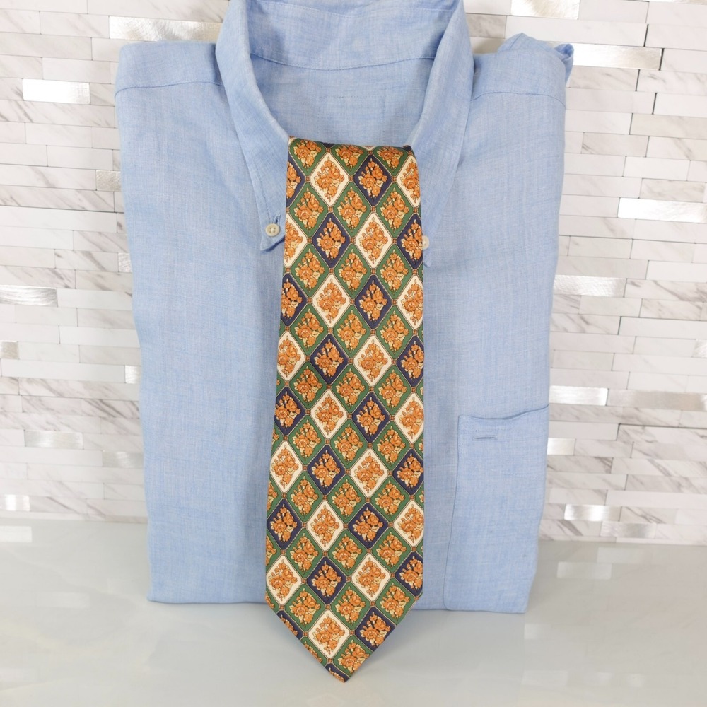 Fendi Neck Tie Mens Yellow Green Floral‎ Silk Victorian Art Nouveau Wide Italy